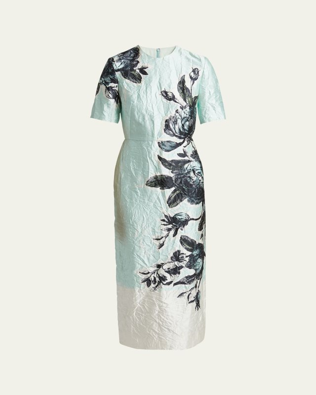 Floral Crinkle-Effect Short Sleeve Midi Dress